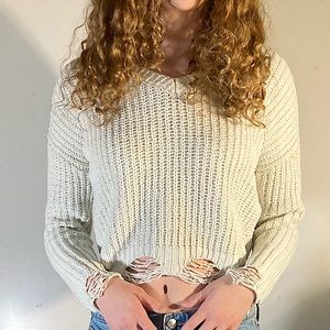 Women’s Cropped & Frayed White Sweater